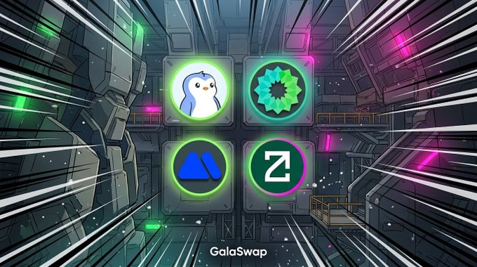 A futuristic, neon-lit sci-fi scene showcases four token icons (PENGU, POWR, MX, and ZETA) displayed on panels, with the text "GalaSwap" at the bottom. The dynamic background with motion lines and vibrant colors emphasizes the excitement of these new trading additions on the GalaSwap platform.