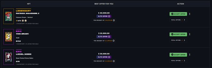 A dark-themed interface displaying three NFT listings: 'LEGENDARY PATRICK_MASHMORE_II' for 50,000, 'EPIC SONA BRADY' for 35,000, and 'EPIC LUDDELL_KEERBI' for 30,000, all with 'ACCEPT OFFER' buttons.