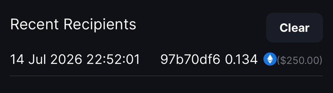 The image shows a "Recent Recipients" list displaying a transaction from "14 Jul 2026 22:52:01" to user "97b70df6" with "0.134 ETH ($250.00)," documenting the payout of the giveaway mentioned in the congratulatory post.