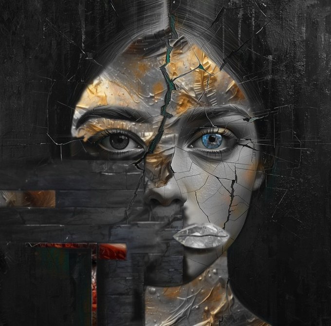 A surreal digital artwork depicting a cracked porcelain face of a woman with mismatched eyes—one gray and one blue—partially obscured by a dark cross shape.