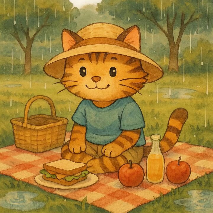 The image features a cartoon cat sitting on a picnic blanket, wearing a straw hat and holding an apple. There are also two apples placed next to the cat on the blanket. The background of the image shows trees with rain falling from them, creating a rainy atmosphere for the scene.