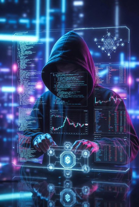 A stylized cyberpunk image of a hooded hacker working at multiple transparent computer screens displaying code, financial charts, and cryptocurrency symbols in a neon-lit environment.