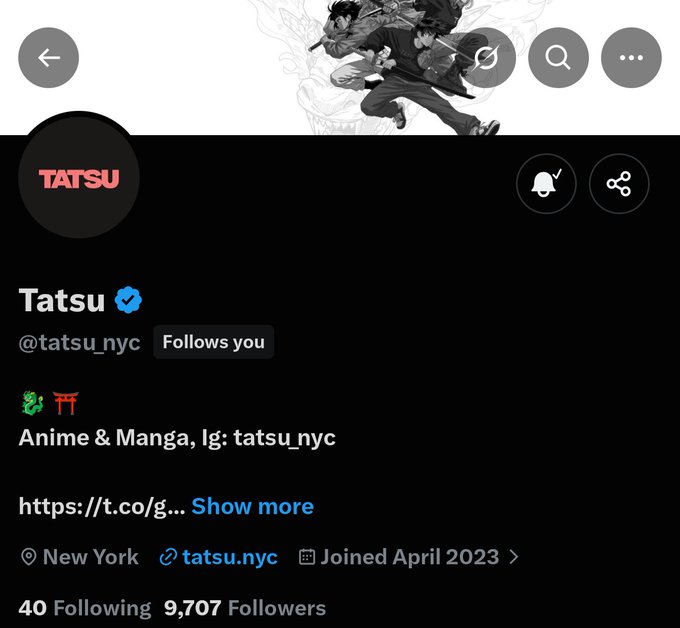 A Twitter/X profile screenshot of "Tatsu" (@tatsu_nyc), an anime and manga account with 9,707 followers based in New York, featuring a banner image of anime characters. The profile, which joined in April 2023 and follows the user, aligns with the post's reference to an "upcoming launch" likely tied to its anime-focused content or brand.