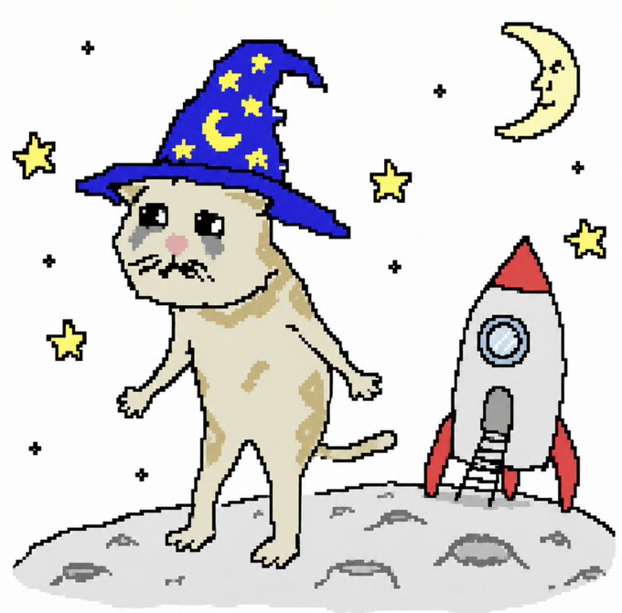 A cartoon cat in a wizard hat stands on a cratered moon next to a rocket, with stars and a crescent moon in the background. The image playfully illustrates the post's promise to "get it running in a few days," with the cat magician and rocket symbolizing a soon-to-launch Solana memecoin project.