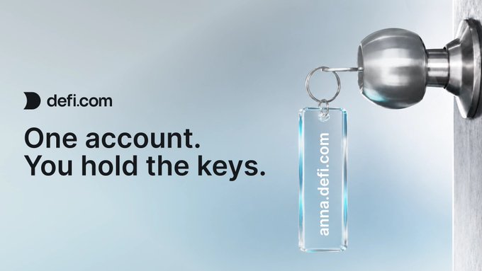 An advertisement for 'defi.com' featuring a key inserted into a door lock with a glowing keychain reading 'anna.defi.com', with the tagline 'One account. You hold the keys.'