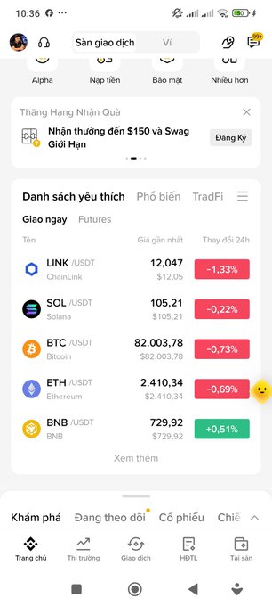 A cryptocurrency trading app screenshot showing a watchlist with LINK, SOL, BTC, ETH, and BNB prices, with most tokens showing declines like BTC at -0.73% and ETH at -0.69%, except BNB at +0.51%.