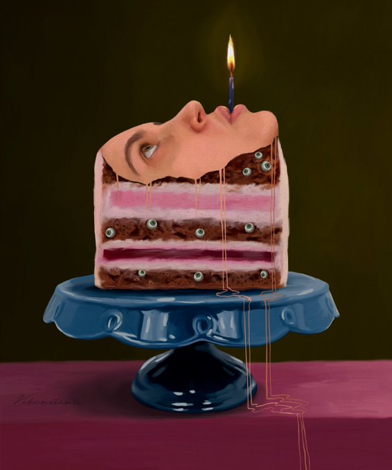 A surreal painting of a slice of pink and brown layer cake topped with a human face, featuring a single lit blue candle and staring eyes embedded in the cake layers, with pink syrup dripping down.