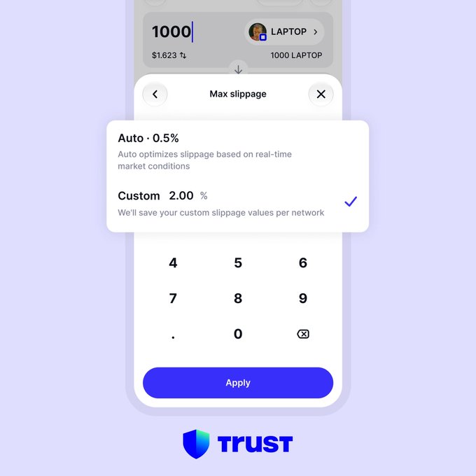 The image shows a mobile interface for Trust Wallet's slippage settings feature, displaying a swap screen where 1000 LAPTOP ($1,623) is being traded. A "Max slippage" menu is open with two options: "Auto · 0.5%" which optimizes based on real-time market conditions, and "Custom · 2.00%" (currently selected with a checkmark) which saves user-specified values per network, accompanied by a numeric keypad and Apply button.