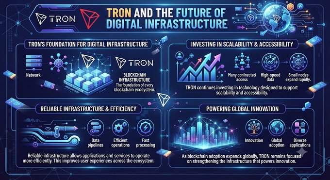 The image is an infographic titled "TRON and the Future of Digital Infrastructure," which outlines TRON's role in supporting blockchain ecosystems through scalability, accessibility, reliable infrastructure, and global innovation, featuring icons representing network, data pipelines, connected access, and diverse applications. The accompanying post highlights TRON's commitment to investing in technology that strengthens digital infrastructure, enabling efficient and accessible blockchain experiences worldwide.