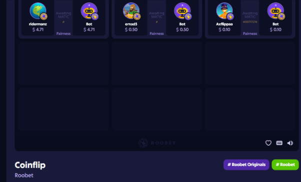 A screenshot of a Roobet 'Coinflip' game lobby titled 'RooBet Originals', showing crypto betting amounts from users like ridermanz, ernaldS, and Artflippaa.
