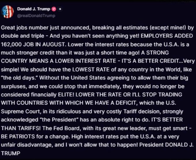 A post from Donald J. Tr. (@realDonaldTrump) discussing job numbers, interest rates, and tariffs in all-capitalized text.
