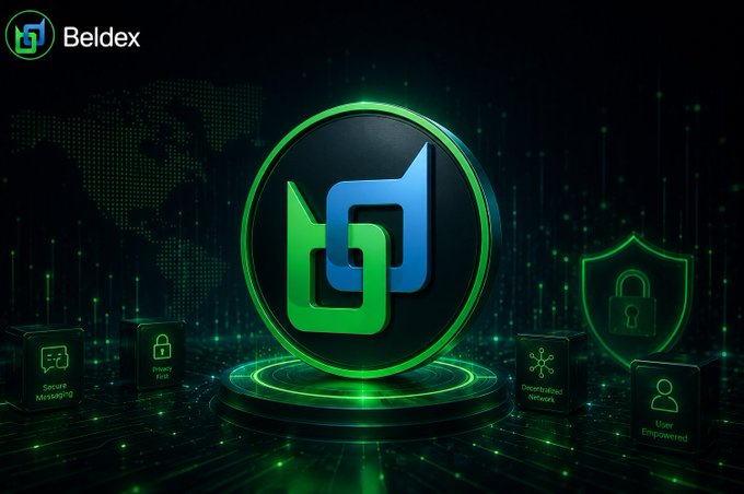 The image showcases the Beldex logo prominently centered on a glowing pedestal, surrounded by green-tinted feature icons labeled "Secure Messaging," "Privacy First," "Decentralized Network," and "User Empowered," with a security shield symbol reinforcing the brand's identity. It visually supports the post's message about Beldex integrating privacy into everyday internet tools through a decentralized ecosystem.