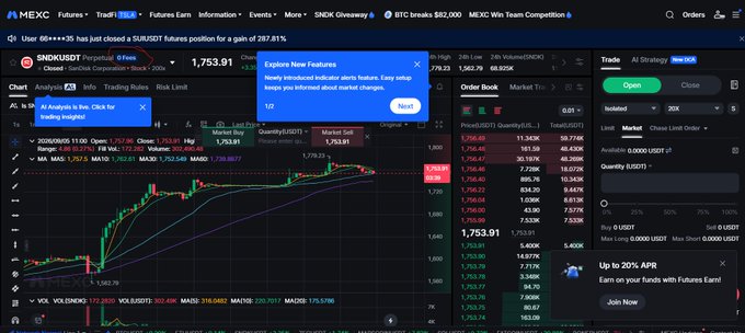 A screenshot of the MEXC cryptocurrency exchange interface showing the SNDK/USDT futures trading chart with a current price of 1,753.91 and a popup explaining 'Newly introduced indicator alerts feature'.