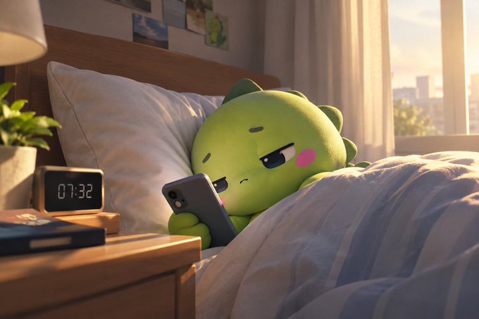A cute green cartoon character lying in bed looking at a smartphone, with a digital clock showing 07:32 on the bedside table next to a potted plant.
