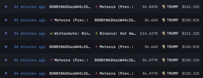 Screenshot of a cryptocurrency transaction tracker showing recent large TRUMP token purchases, including transactions from Meteora and Binance Hot Wallet ranging from $100K to $315K within the last 34 minutes.