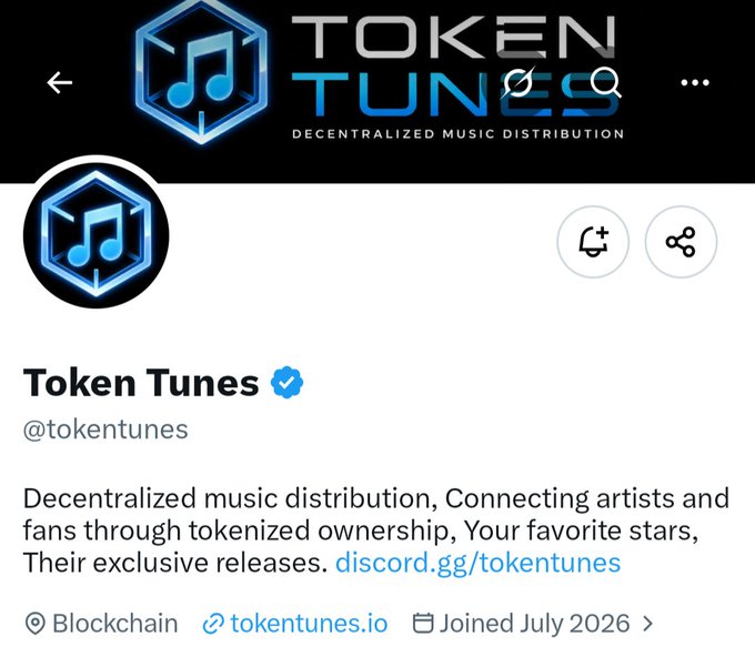 A Twitter/X profile page for 'Token Tunes' (@tokentunes) with a verified checkmark, describing it as 'Decentralized music distribution, Connecting artists and fans through tokenized ownership,' with a Discord link at discord.gg/tokentunes.