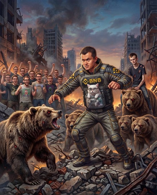A dramatic digital illustration depicting a soldier in tactical gear with a white cat in his chest pouch, fighting bears amid urban ruins while a crowd cheers behind him; his vest reads 'BNB'.