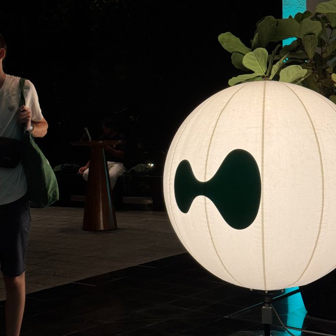 A large illuminated spherical lamp with a dark green bone-shaped logo stands outdoors at night, with a person holding a green bag visible on the left.