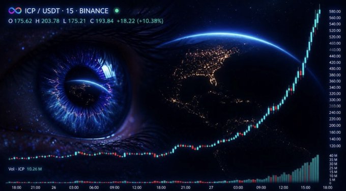 A candlestick chart shows the ICP/USDT 15-minute chart on Binance surging to a high of $203.78 from a low of $175.21, with the current price at $193.84, reflecting a +10.38% gain and 10.26M in volume, visually supporting the bullish sentiment of "$ICP biggest bull run begins soon."