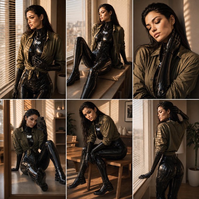 A collage of six photos showing a woman with dark hair posing in a glossy black latex outfit with 'Sup' text, layered under an olive green jacket, in various poses near a window with blinds.