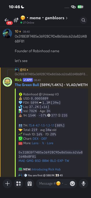 A Discord screenshot shows a message in the "meme • gambloors" channel discussing the ticker $VLAD, with a bot reply titled "The Green Bull [589K/1.4K%] - VLAD/WETH" highlighting metrics like a $1.3M FDV, 39m liquidity, and a 3-hour age, referencing Vlad Tenev, founder of Robinhood, tying into the post about $VLAD.
