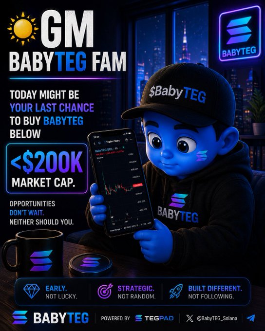 "The main image features a cartoon boy, dressed as a trader, holding up his phone displaying a cryptocurrency called BabyTeg. He is sitting at a desk with a cup of coffee next to him. The text beneath the photo indicates that there are only two people left in the world who can buy BabyTEG below $200K through an investment app. These remaining individuals will miss out on this opportunity if they don't act soon."