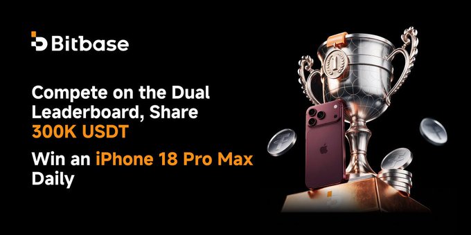 Bitbase promotional banner advertising a Dual Leaderboard competition with a 300K USDT prize pool and daily iPhone 18 Pro Max giveaways, featuring a silver trophy and burgundy iPhone.
