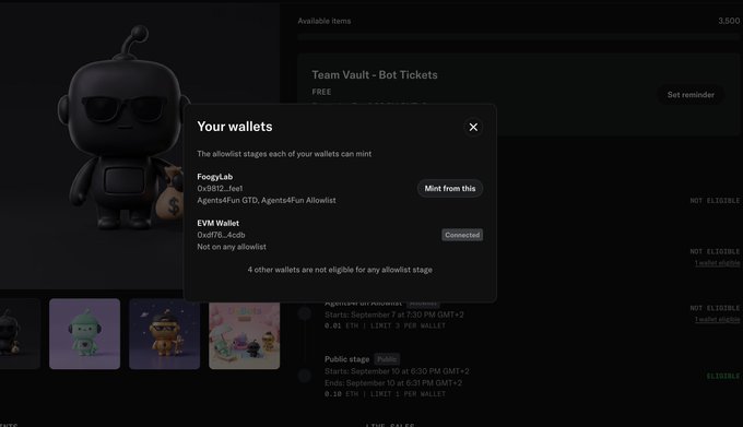A digital interface displays a 'Your wallets' modal showing 'FoxyLab' (0x1812...fee1) and 'EVM Wallet' (0xd17G...4cdb) for minting, with 'Team Vault - Bot Tickets' visible in the background.