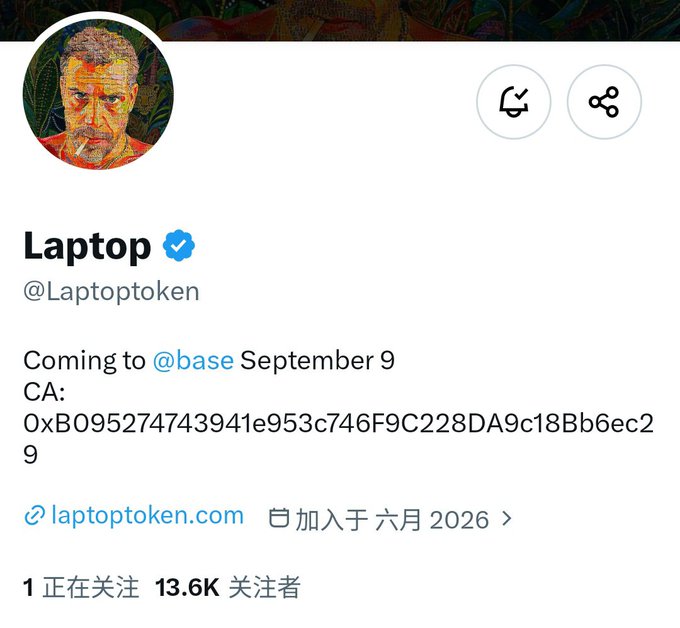 A Twitter/X profile for 'Laptop' (@Laptoptoken) shows a verified badge, with text reading 'Coming to @base September 9', a contract address starting with 0xB095274743941e953c746F9C228DA9c18Bb6ec29, and 13.6K followers.