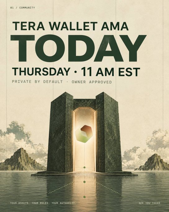 Promotional graphic for a TERA Wallet AMA session happening Thursday at 11 AM EST, featuring a dramatic surreal illustration of a glowing geometric portal flanked by dark stone monoliths rising from a misty seascape, with text emphasizing "Private by Default · Owner Approved" and "Your Assets. Your Rules. Your Authority." — visually reinforcing the post's bullish sentiment toward $TERA by showcasing the wallet's privacy-focused, owner-controlled ethos.