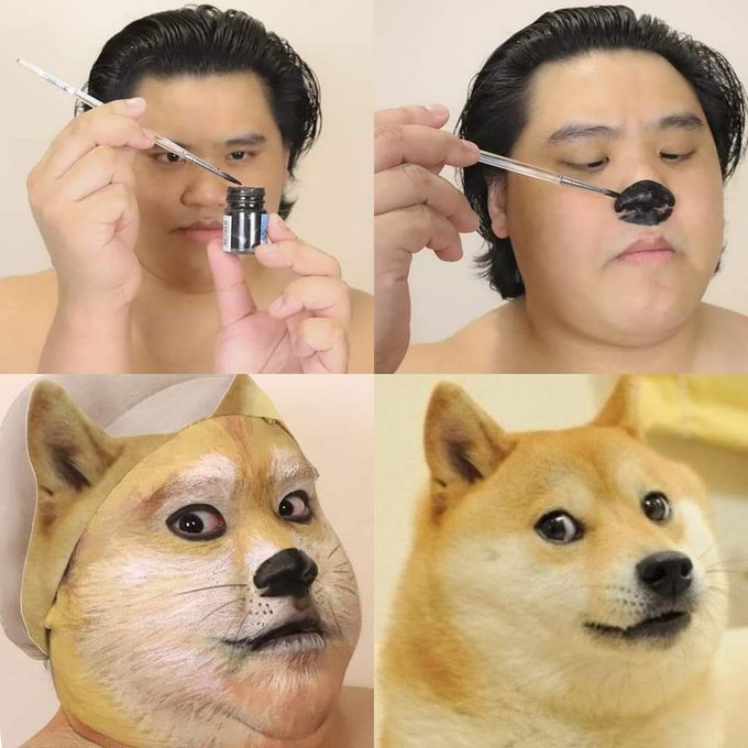 A man applies black paint to his nose to transform himself into a Doge (Shiba Inu) dog, with the final image comparing his dog-faced look to an actual Shiba Inu. The meme humorously relates to $DOGE/#Dogecoin by illustrating how crypto enthusiasts may "transform" or get excited upon seeing Dogecoin news when waking up.