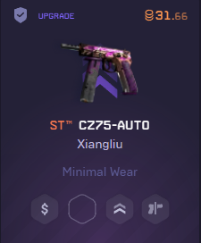 A screenshot from Counter-Strike showing an ST™ CZ75-AUTO | Xiangliu pistol skin in Minimal Wear condition with an upgrade offer of $31.66. The image is unrelated to the $30 ETH giveaway post, likely used as filler content.