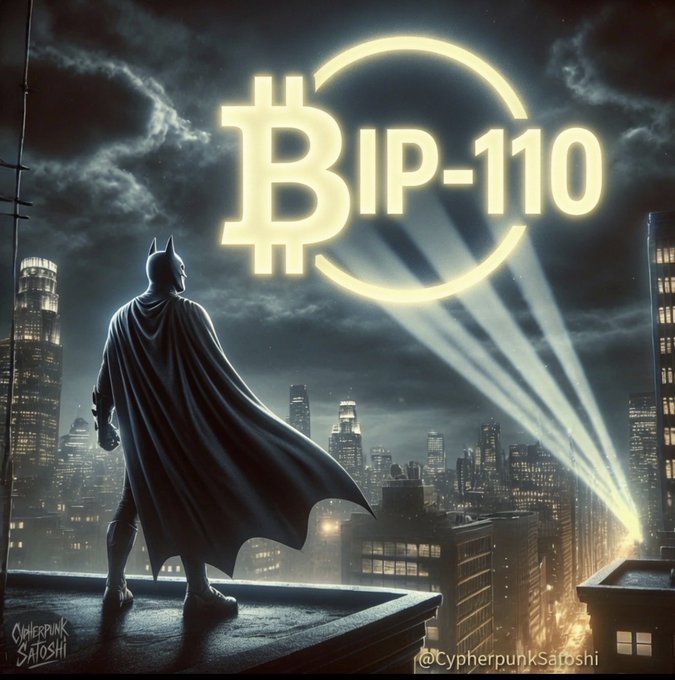 A caped crusader figure stands atop a city rooftop gazing up at a glowing sky displaying the Bitcoin logo and "BIP-110," symbolizing the fight to keep Bitcoin secure, aligning with the post's call to "Signal BIP-110" to protect "#BitcoinIsMoney."