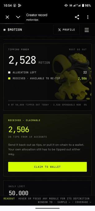 A mobile app screenshot showing a profile for 'motion.tips' with a 'TIPPING POWER' of 2,528 NOTION, noting 2,506 received and claimable, with a daily limit of 50,000.