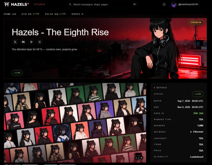 A webpage for Hazels Studio titled "Hazels - The Eighth Rise," featuring an anime-style character and campaign details with dates Sep 7, 2026 to Nov 6, 2026, 1,000 winners, on Ethereum network.