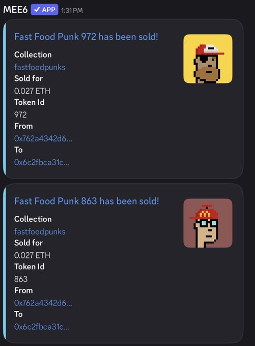 Discord notifications showing two NFT sales from the 'fastfoodpunks' collection (Token IDs 972 and 863), both sold for 0.027 ETH.