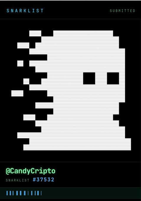 The image displays a Snarklist submission #37532 by @CandyCripto, featuring a pixelated white ghost-like character with trailing motion lines on the left side against a black background, with the text "SNARKLIST SUBMITTED" at the top and the user's handle and submission number below the illustration. This visual represents their application to join the zkSNARKs ecosystem, as mentioned in the accompanying post about wanting to participate in the privacy and ZK technology community rather than just observing from the sidelines.