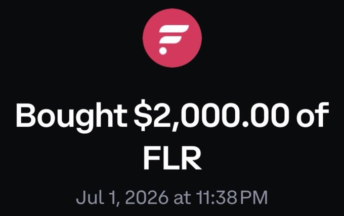 A notification from Flare (FLR) shows a $2,000.00 purchase made on July 1, 2026 at 11:38 PM, visually confirming the start of the user's dollar-cost averaging (DCA) strategy into FLR at $0.0064, which they plan to continue over the next 60-90 days despite expecting further downside.
