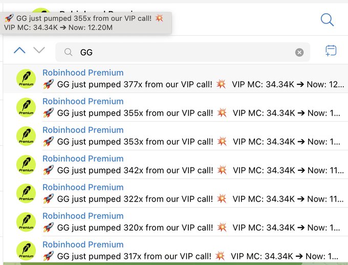 A Telegram search results page for "GG" shows multiple messages from "Robinhood Premium" channel claiming the token GG pumped 317x-377x from their VIP calls, with VIP market cap starting at 34.34K growing to around 12.20M, corroborating the post's claim of a nearly 400x pump on the Robinhood platform.