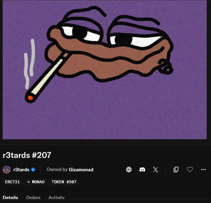 NFT artwork titled "r3tards #207" featuring a cartoon drawing of a face with sunglasses smoking a cigarette against a purple background, owned by Gizamonad on the MONAD chain.
