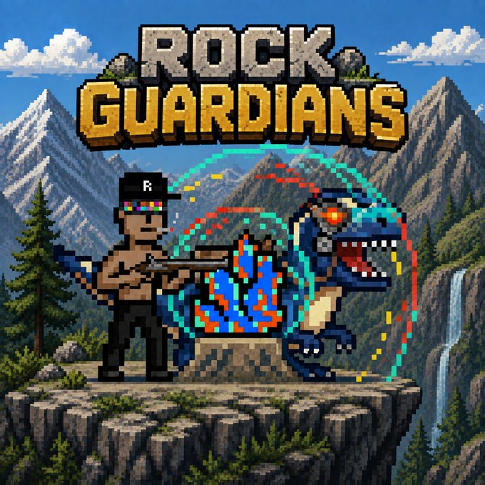 Pixel art promotional image for 'Rock Guardians' featuring a man in a cap holding a guitar next to a blue dinosaur, set against a mountain landscape with a campfire.