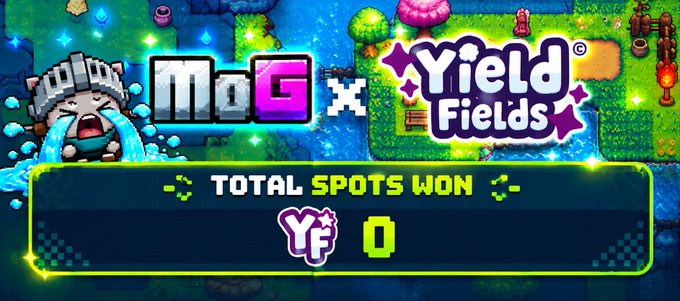 A digital graphic with 'MoG x Yield Fields' logos on a pixelated background, displaying a banner that reads 'TOTAL SPOTS WON' with 'YF 0' below it.