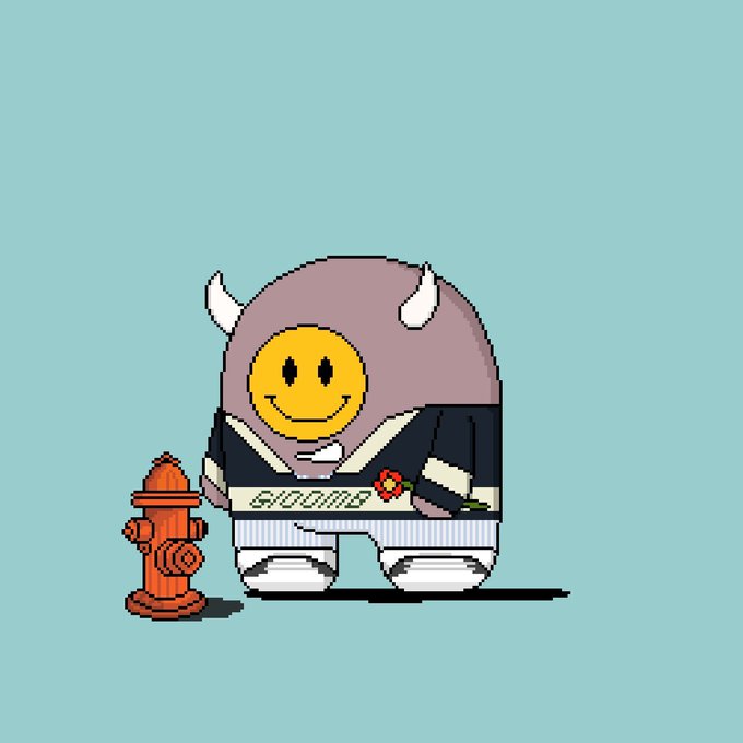 A pixel art character wearing a horned hood with a yellow smiley face, a jacket, and a shirt reading 'BUDDIO' with a rose, standing next to a red fire hydrant.
