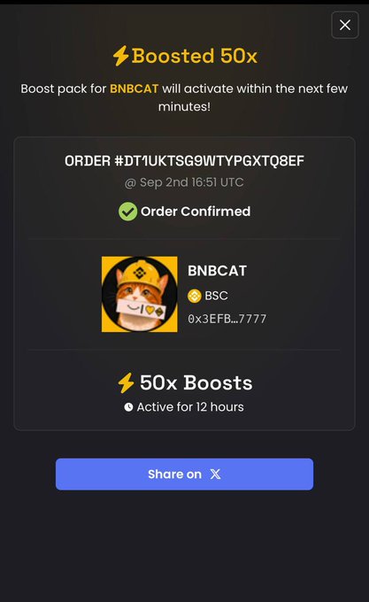 A "Boosted 50x" confirmation screen showing order #DT1UKTSG9WTYPGXTQ8EF for the BNBCAT token (BSC, 0x3EFB...7777), with the boost active for 12 hours. The pop-up reinforces the post's announcement about the community using 374 BNB in rewards to strategically boost $BNBCAT and future announcements.