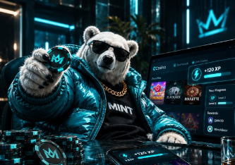 A digitally rendered anthropomorphic bear wearing sunglasses and a blue jacket, holding a coin with an 'M' logo, seated at a gaming setup displaying 'Zashto' and '+120 XP'.