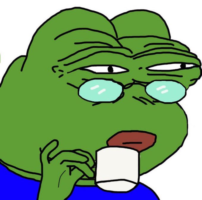 An illustration of the Pepe the Frog meme wearing glasses and sipping from a teacup.