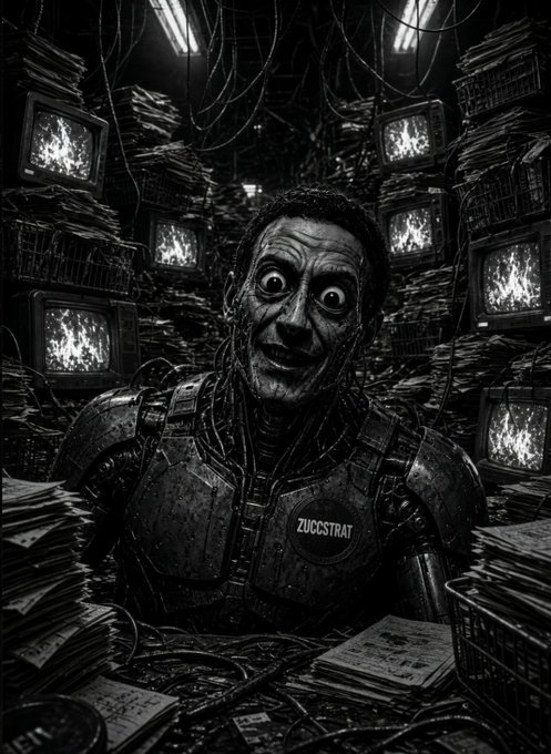 A dark, eerie black and white illustration depicts a wide-eyed man in armor labeled 'ZUCCSTRAT' surrounded by old televisions displaying static, tangled wires, and stacks of newspapers.