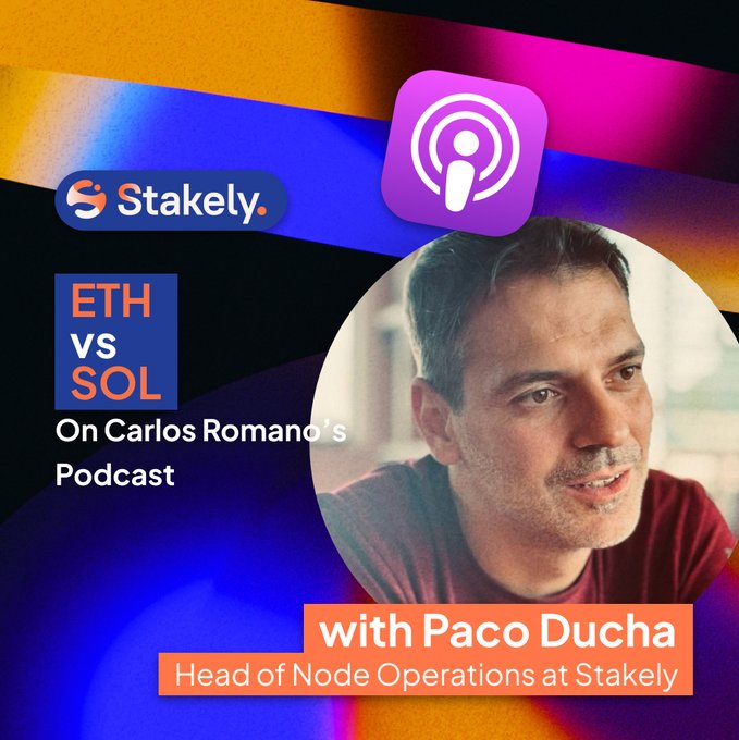 Promotional graphic for the Stakely podcast featuring Paco Ducha, Head of Node Operations at Stakely, with text reading 'ETH VS SOL On Carlos Romano's Podcast' and the Apple Podcasts logo.