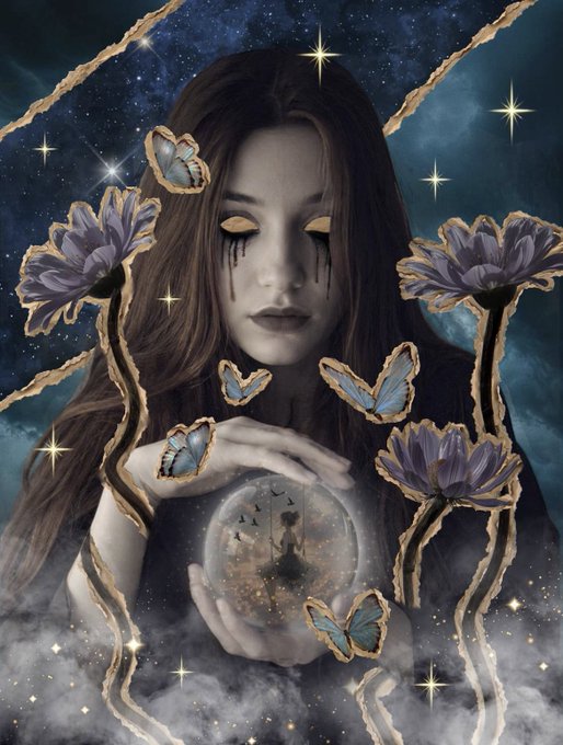 A mystical digital artwork of a young woman with long brown hair and closed eyes, with black tear-like streaks beneath her eyes, surrounded by butterflies, purple flowers, and golden torn-paper accents, holding a glass orb containing a small figure against a starry night sky.