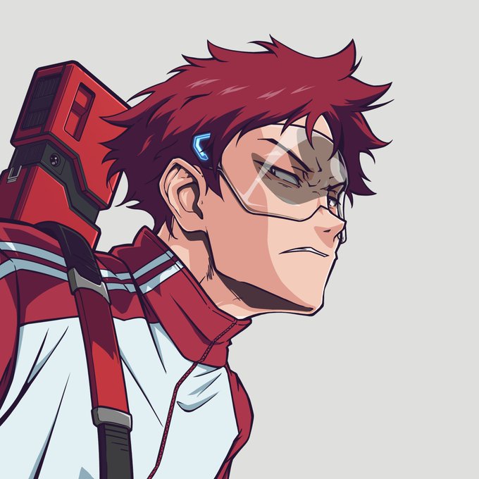 An anime-style illustration of a male character with spiky red hair, wearing a white visor/goggles and a white and red outfit with a backpack.